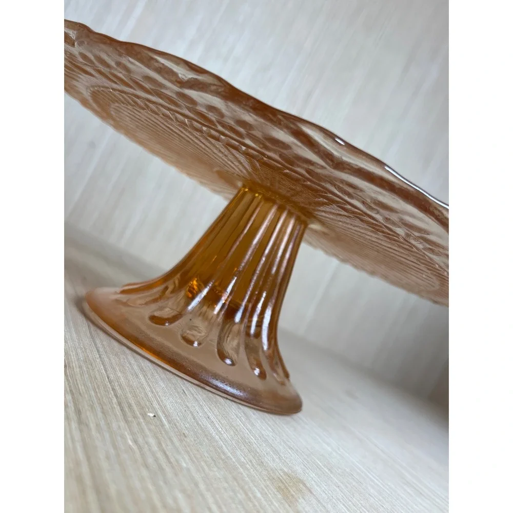 Vintage Pink Depression Glass Cake Stand Laurel Leaf Embossed Pedestal Stand